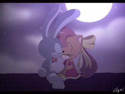 Size: 2800x2100 | Tagged: safe, artist:ms_ice_cream, feels the rabbit, tiara boobowski, cat, rabbit, 2019, clouds, duo, eyes closed, female, hands together, kiss, male, moon, nighttime, shipping, sitting, star (sky), straight, tiara x feels