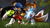 Size: 1192x670 | Tagged: safe, artist:hansgrosse1, miles "tails" prower, 3d, clenched fist, crossover, duo, grass, holding something, klonoa, looking offscreen, male, smile, tree