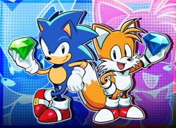 Size: 2048x1493 | Tagged: safe, artist:wrenchmaster4, miles "tails" prower, sonic the hedgehog, chaos emerald, duo male