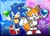 Size: 2048x1493 | Tagged: safe, artist:wrenchmaster4, miles "tails" prower, sonic the hedgehog, fox, hedgehog, abstract background, chaos emerald, classic sonic, classic sonic (universe), classic tails, duo, duo male, hand on hip, holding something, legs crossed, looking at viewer, male, mouth open, open smile, outline, smile, smiling at viewer, white outline