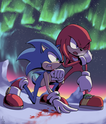 Size: 3000x3500 | Tagged: safe, artist:aurumsmii, knuckles the echidna, sonic the hedgehog, echidna, hedgehog, 2022, angry, aurora borealis, blood, clenched teeth, duo, fighting, kneeling, looking ahead, looking offscreen, male, mouth open, nighttime, one eye closed, outdoors, shadow (lighting), snow, standing, star (sky), wound