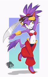 Size: 2494x4000 | Tagged: safe, artist:skyversa, blaze the cat, cat, alternate outfit, cosplay, female, gradient background, holding something, outline, shantae, smile, solo, standing on one leg, weapon, white outline