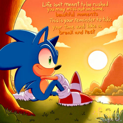 Size: 894x894 | Tagged: safe, artist:faelingmagic, sonic the hedgehog, hedgehog, gloves, grass, male, shoes, sitting, smile, sunset, tree