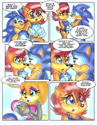 Size: 744x964 | Tagged: safe, artist:jayfoxfire, bunnie rabbot, sally acorn, sonic the hedgehog, chipmunk, hedgehog, rabbit, 2014, comic, cybernetic, cyborg, dialogue, english text, female, hugging, looking at each other, male, sally x sonic, sally's ringblader outfit, shipping, speech bubble, straight, tears, tears of happiness, trio