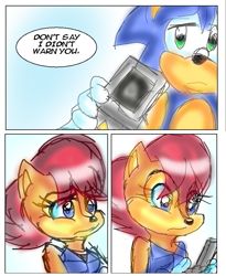 Size: 745x908 | Tagged: safe, artist:jayfoxfire, nicole the handheld, sally acorn, sonic the hedgehog, chipmunk, hedgehog, 2014, comic, dialogue, duo, english text, female, giving object, holding something, male, sally x sonic, sally's ringblader outfit, shipping, speech bubble, straight