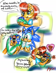 Size: 1280x1657 | Tagged: safe, artist:jayfoxfire, manik the hedgehog, sally acorn, sonic the hedgehog, chipmunk, hedgehog, 2025, baby, bed, blanket, carrying them, comic, cute, dialogue, english text, eyes closed, female, happy, heart, holding something, hospital bed, kiss, looking at each other, looking at them, male, meme, nine months in my womb, parent:sally, parent:sonic, parents:sonally, pillow, sally x sonic, shipping, speech bubble, straight, trio, wholesome