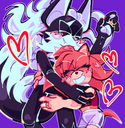 Size: 981x1000 | Tagged: safe, artist:tormastorm, amy rose, infinite the jackal, 2026, alternate outfit, amy x infinite, amybetes, blushing, clothes, crop top, cute, duo, heart, hugging, infinibetes, purple background, ring (jewelry), shipping, shorts, simple background, smile, straight