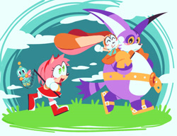 Size: 1564x1200 | Tagged: safe, artist:tormastorm, amy rose, big the cat, cheese (chao), cream the rabbit, chao, 2026, agender, amybetes, bigabetes, blushing, cheeseabetes, clothes, clouds, creamabetes, cute, daytime, female, frown, grass, group, heart, heart eyes, heart tongue, holding something, male, mouth open, net, neutral chao, no outlines, outdoors, riding on shoulders, smile, standing, summer, team rose, walking