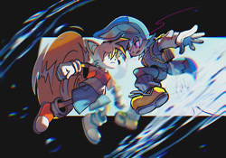 Size: 1200x840 | Tagged: safe, artist:mumidraws, kit the fennec, miles "tails" prower, fox, 2026, alternate outfit, clenched fists, clothes, duo, fight, fighting pose, flying, frown, fully clothed, gloves, leg warmers, looking at each other, male, mid-air, shirt, shoes, shorts, socks, spinning tails, treads, water