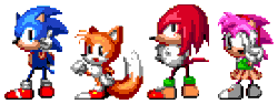 Size: 414x156 | Tagged: safe, artist:miniluv73, amy rose, knuckles the echidna, miles "tails" prower, sonic the hedgehog, echidna, fox, hedgehog, sonic cd, 2023, animated, classic amy, classic knuckles, classic sonic, classic sonic (universe), classic tails, clenched fists, female, gif, group, infinite loop, looking at viewer, male, pixel art, pointing, simple background, smile, sprite, standing, transparent background, v sign, wagging finger