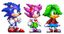 Size: 405x220 | Tagged: safe, artist:miniluv73, amy rose, sonic the hedgehog, tekno the canary, hedgehog, 2024, canary, classic amy, classic sonic, classic sonic (universe), female, fleetway, fleetway amy, looking offscreen, male, pixel art, reference inset, simple background, smile, sonic the hedgehog 3, sprite, standing, style emulation, transparent background, trio