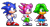 Size: 405x220 | Tagged: safe, artist:miniluv73, amy rose, sonic the hedgehog, tekno the canary, hedgehog, 2024, canary, classic amy, classic sonic, classic sonic (universe), female, fleetway, fleetway amy, looking offscreen, male, pixel art, reference inset, simple background, smile, sonic the hedgehog 3, sprite, standing, style emulation, transparent background, trio