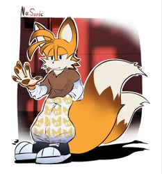 Size: 1191x1280 | Tagged: safe, artist:tails337, miles "tails" prower, fox, 2026, aged up, beanbrows, black shoes, clothes, fully clothed, fur markings, hand in pocket, lidded eyes, looking offscreen, male, needs more jpeg, outline, pants, pawpads, shoes, signature, smile, solo, standing, sweater, white outline
