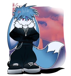 Size: 1191x1280 | Tagged: safe, artist:tails337, kit the fennec, 2026, aged up, annoyed, black shoes, chain, clothes, coat, cross popping vein, eye clipping through hair, fennec, frown, fully clothed, fur markings, furry collar, hand in pocket, jacket, lidded eyes, looking at viewer, male, necklace, needs more jpeg, outline, pants, shirt, shoes, signature, solo, white outline