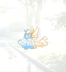 Size: 1175x1280 | Tagged: safe, artist:tails337, kit the fennec, miles "tails" prower, 2026, aged up, clothes, cross popping vein, cute, duo, eye clipping through hair, eyes closed, hugging, kitabetes, monochrome, small, smile, standing, standing on one leg, tailabetes