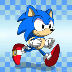 Size: 800x800 | Tagged: safe, artist:g-bomber, sonic the hedgehog, hedgehog, 2026, checkered background, classic sonic, classic sonic (universe), gloves, male, running, shoes, solo