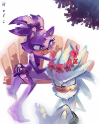 Size: 2299x2874 | Tagged: dead source, safe, artist:holivi, blaze the cat, silver the hedgehog, cat, hedgehog, bench, blaze x silver, duo, eyes closed, female, flower, male, shipping, sitting, straight