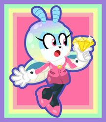 Size: 831x961 | Tagged: safe, artist:captainquack64, jewel the beetle, beetle, clothes, female, flying, gem, holding something, idw sonic the hedgehog, open mouth, outline, purple outline, shorts, solo, suit