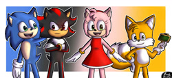 Size: 1321x605 | Tagged: safe, artist:jocelynminions, amy rose, miles "tails" prower, shadow the hedgehog, sonic the hedgehog, fox, hedgehog, amy's halterneck dress, clothes, dress, female, looking at viewer, male, open mouth, open smile, smile, smiling at viewer