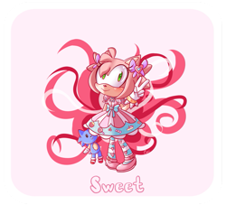 Size: 939x851 | Tagged: safe, artist:pikoreto, amy rose, sonic the hedgehog, hedgehog, amybetes, blushing, bow, clothes, cute, dress, female, hair bow, lolita, looking at viewer, smile, smiling at viewer, solo, stuffed animal, sweet lolita