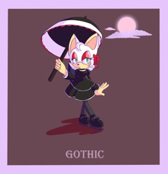 Size: 878x910 | Tagged: safe, artist:pikoreto, rouge the bat, bat, bow, clothes, clouds, dress, female, gothic lolita, hair bow, lolita, looking at viewer, moon, solo, umbrella