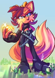 Size: 1280x1811 | Tagged: safe, artist:wardinghalos, fiona fox, fox, archie sonic the hedgehog, bow, female, gem, hair bow, holding something, looking at viewer, standing