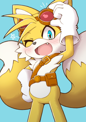 Size: 1060x1500 | Tagged: safe, artist:acky05, miles "tails" prower, 2022, belt, blushing, from below, goggles, hand on hip, looking at viewer, mouth open, one fang, open smile, smile, solo, sonic boom (tv), standing, star (symbol), wink