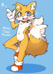 Size: 1060x1500 | Tagged: safe, artist:acky05, miles "tails" prower, 2022, arm fluff, belly button, blue background, blushing, ear fluff, fluffy, holding something, holding tail, knee fluff, leg fluff, looking at viewer, mouth open, open smile, pointing, shadow (lighting), simple background, smile, solo, standing, standing on one leg, star (symbol), thigh fluff