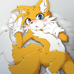 Size: 1280x1280 | Tagged: safe, artist:acky05, miles "tails" prower, 2022, arm fluff, back fluff, bed, belly button, blushing, chest fluff, ear fluff, fluffy, hand on chest, knee fluff, leg fluff, looking at viewer, lying down, mouth open, shoulder fluff, solo, sweatdrop, tail fluff, thigh fluff