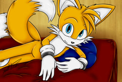 Size: 900x600 | Tagged: safe, artist:yenristar, miles "tails" prower, 2010, arm fluff, bed, ear fluff, head fluff, indoors, looking at viewer, lying down, lying on side, mattress, pillow, signature, smile, solo, thigh fluff