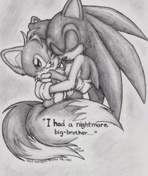 Size: 755x899 | Tagged: safe, artist:nocturnalmoth, miles "tails" prower, sonic the hedgehog, 2005, arm fluff, blushing, cheek fluff, comforting, cute, dialogue, duo, ear fluff, english text, eyes closed, fangs, greyscale, hugging, looking at viewer, monochrome, one eye closed, signature, smile, tailabetes, text, tongue out, traditional media