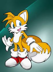 Size: 1280x1746 | Tagged: safe, artist:yenristar, miles "tails" prower, 2019, gradient background, mouth open, open smile, smile, solo, speedpaint in description, standing, youtube link in description