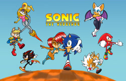 Size: 6169x3993 | Tagged: safe, artist:shanahat, antoine d'coolette, bunnie rabbot, knuckles the echidna, miles "tails" prower, rouge the bat, sally acorn, shadow the hedgehog, sonic the hedgehog, bat, chipmunk, coyote, echidna, fox, hedgehog, rabbit, 2026, anniversary, carrying them, daytime, english text, female, flying, group, looking at them, looking at viewer, looking offscreen, male, pointing, roboticized, running, sally's vest and boots, smile, smiling at viewer, wink