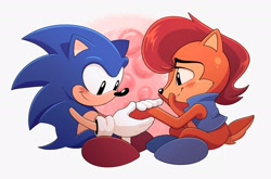 Size: 2048x1354 | Tagged: safe, artist:jadepesky, sally acorn, sonic the hedgehog, chipmunk, hedgehog, 2026, blushing, classic sally, classic sonic, duo, female, hands together, looking at each other, male, redraw, remake, sally x sonic, sally's vest and boots, shipping, simple background, sitting, smile, straight