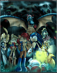 Size: 680x880 | Tagged: safe, artist:skypiratedash, antoine d'coolette, bunnie rabbot, dulcy the dragon, miles "tails" prower, rotor walrus, sally acorn, sonic the hedgehog, chipmunk, coyote, fox, hedgehog, rabbit, walrus, alternate version, building, cap, colored version, dragon, female, freedom fighters, glowing, hat, holding hands, holding something, looking at viewer, looking offscreen, male, rain, ring, roboticized, sally x sonic, sally's vest and boots, shipping, storm, straight, sword, vehicle, weapon, wet