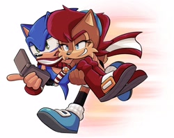 Size: 2048x1629 | Tagged: safe, artist:jadepesky, nicole the handheld, sally acorn, sonic the hedgehog, chipmunk, hedgehog, 2025, alternate universe, au:freedom swap, carrying them, duo, female, holding something, looking offscreen, male, pointing, role swap, running, sally x sonic, scarf, shipping, shorts, simple background, star (symbol), straight, topless, white background
