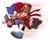 Size: 2048x1629 | Tagged: safe, artist:jadepesky, nicole the handheld, sally acorn, sonic the hedgehog, chipmunk, hedgehog, 2025, alternate universe, au:freedom swap, carrying them, duo, female, holding something, looking offscreen, male, pointing, role swap, running, sally x sonic, scarf, shipping, shorts, simple background, star (symbol), straight, topless, white background