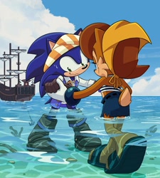 Size: 1440x1602 | Tagged: safe, artist:jadepesky, sally acorn, sonic the hedgehog, chipmunk, hedgehog, 2025, aquaphobia, clothes, cloud, coral, daytime, duo, female, guidance, holding hands, looking at something, looking at them, male, partially submerged, pirate, pirate outfit, ringblader, sally x sonic, ship, shipping, star (symbol), straight, sweatdrop, vehicle, walking, water