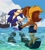 Size: 1440x1602 | Tagged: safe, artist:jadepesky, sally acorn, sonic the hedgehog, chipmunk, hedgehog, 2025, aquaphobia, clothes, cloud, coral, daytime, duo, female, guidance, holding hands, looking at something, looking at them, male, outdoors, partially submerged, pirate, pirate outfit, ringblader, sally x sonic, ship, shipping, star (symbol), straight, sweatdrop, treads, vehicle, walking, water