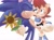 Size: 2749x2038 | Tagged: safe, artist:jadepesky, sally acorn, sonic the hedgehog, chipmunk, hedgehog, 2022, archie sonic the hedgehog, duo, female, flower, grin, holding hands, holding something, looking at them, male, open smile, sally x sonic, sally's ringblader outfit, shipping, simple background, smile, straight, white background