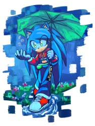 Size: 1920x2540 | Tagged: safe, artist:k3llywolfarts, sonic the hedgehog, oc, oc:kelly the hedgehog, hedgehog, 2026, clothes, cropped hoodie, eye clipping through hair, eyelashes, fanny bag, female, flower, gender swap, gloves, grass, headphones, holding something, hoodie, listening to music, looking at something, midriff, music, musical note, musical notes, outdoors, pants, plant, rain, shoelaces, shoes, simple background, solo female, transparent background, umbrella, walking