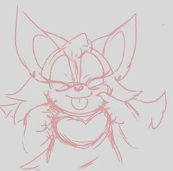 Size: 539x535 | Tagged: safe, artist:enbyshadow, rouge the bat, bat, 2020, cheek squish, claws, cute, eyes closed, female, grey background, heart, heart nose, line art, monochrome, rougabetes, simple background, sketch, solo, solo female, tongue out