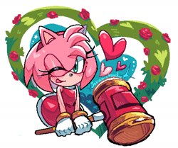 Size: 1411x1177 | Tagged: safe, artist:soramotsuchi, amy rose, 2026, blushing, flower, heart, holding something, piko piko hammer, rose, signature, smile, solo, wink