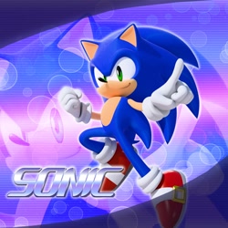 Size: 2048x2048 | Tagged: safe, artist:tailbiscuits, sonic the hedgehog, 2026, 3d, character name, echo background, english text, mid-air, outline, smile, solo, text