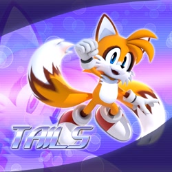 Size: 2048x2048 | Tagged: safe, artist:tailbiscuits, miles "tails" prower, 2026, 3d, character name, echo background, english text, fangs, fur markings, looking at viewer, mid-air, mouth open, open smile, outline, smile, solo, text