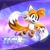 Size: 2048x2048 | Tagged: safe, artist:tailbiscuits, miles "tails" prower, 2026, 3d, character name, echo background, english text, fangs, fur markings, looking at viewer, mid-air, mouth open, open smile, outline, redesign, smile, solo, text