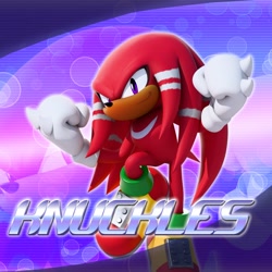 Size: 2048x2048 | Tagged: safe, artist:tailbiscuits, knuckles the echidna, 2026, 3d, character name, clenched fists, dark skin, echo background, english text, fur markings, looking at viewer, mid-air, outline, smile, solo, text