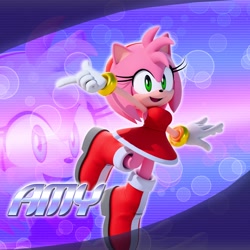 Size: 2048x2048 | Tagged: safe, artist:tailbiscuits, amy rose, 2026, 3d, character name, echo background, english text, looking at viewer, mid-air, mouth open, open smile, outline, pointing, smile, solo, text