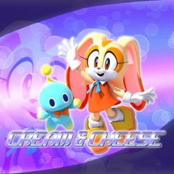 Size: 2048x2048 | Tagged: safe, artist:tailbiscuits, cheese (chao), cream the rabbit, chao, 2026, 3d, buck teeth, character name, duo, echo background, english text, mid-air, mouth open, neutral chao, open smile, outline, smile, text