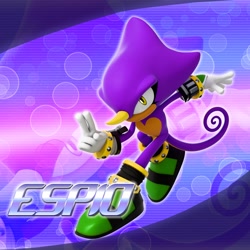 Size: 2048x2048 | Tagged: safe, artist:tailbiscuits, espio the chameleon, 2026, 3d, alternate outfit, character name, echo background, english text, eyelashes, looking offscreen, mid-air, outline, solo, text